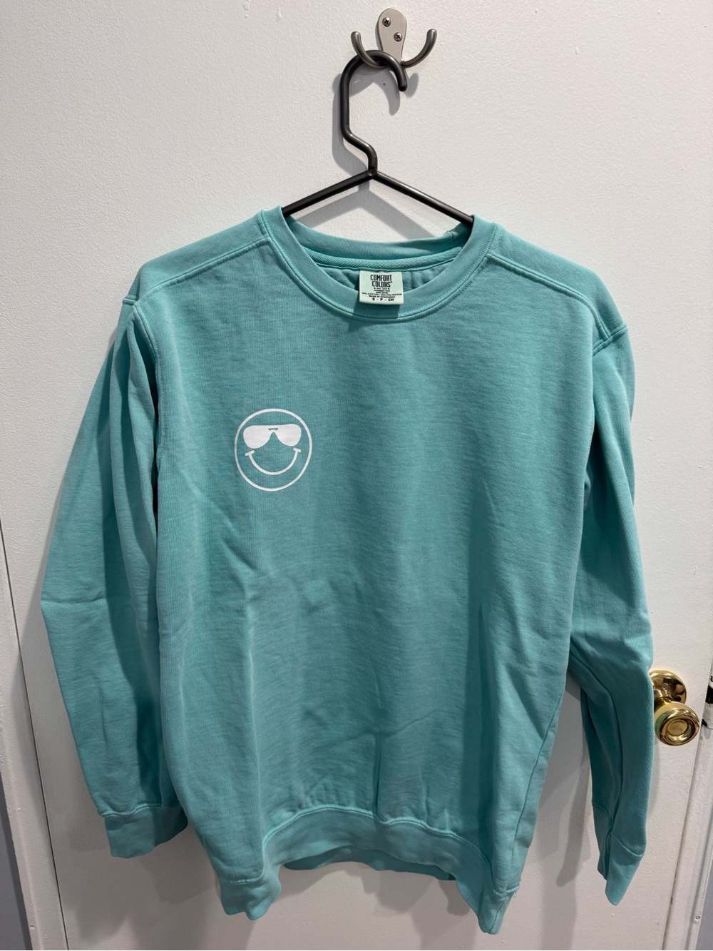 Comfort Colors Aqua Crewneck Sweatshirt with White Smiley
